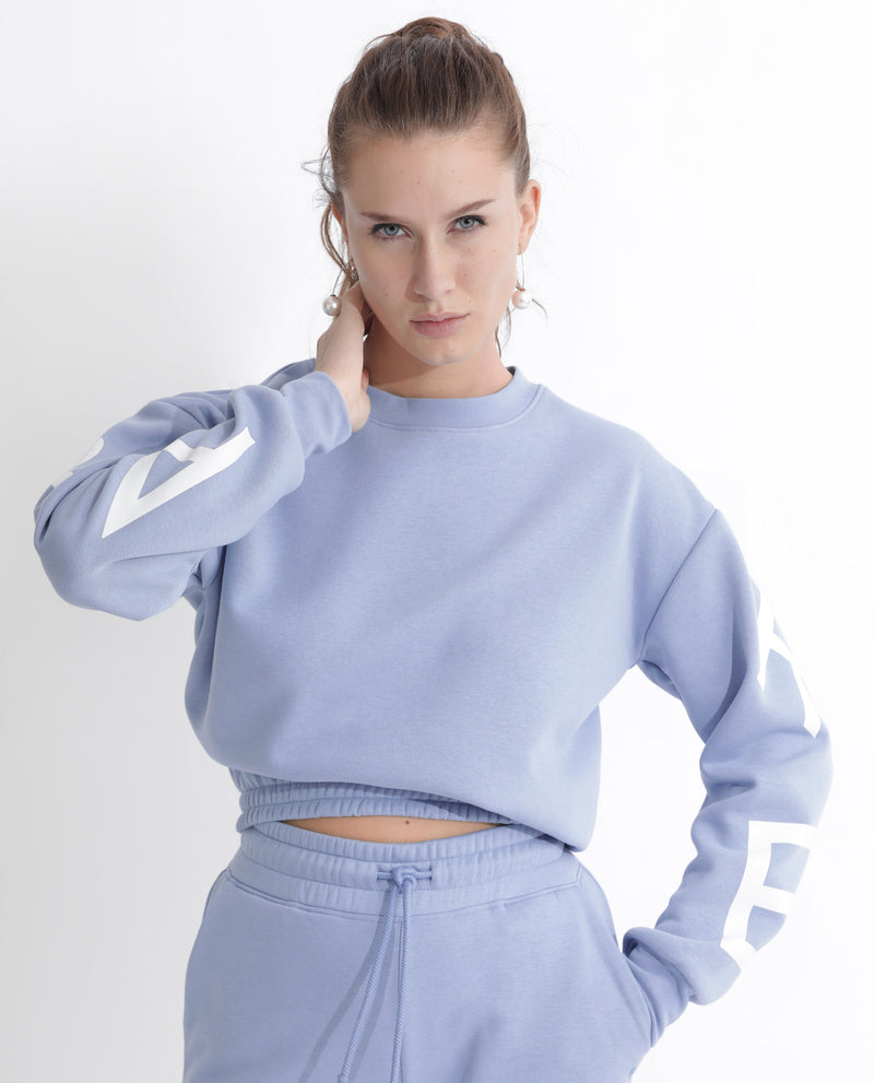Rareism Articale Women'S Jonice Light Blue Poly Cotton Fabric Full Sleeves Crew Neck Regular Fit Graphic Print Cropped Sweatshirt