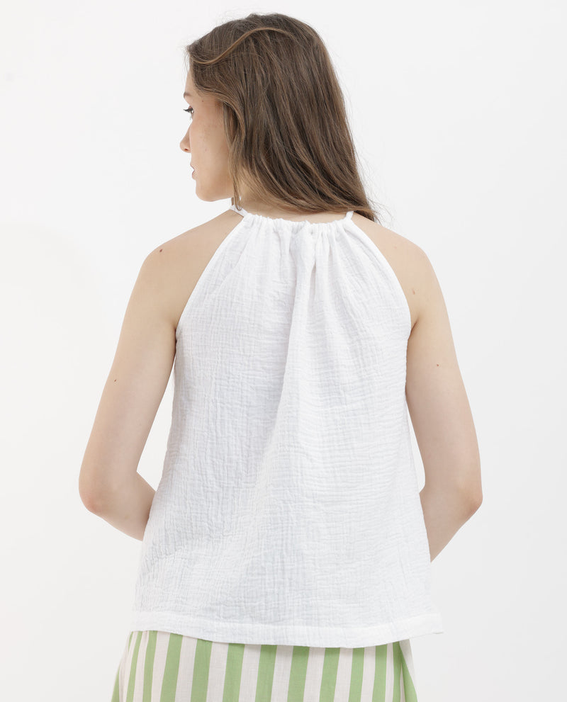 Rareism Women's Jordyn Pastel White Cotton Fabric Sleeveless Tie-Up Closure Halter Neck Shoulder Straps Regular Fit Plain Top