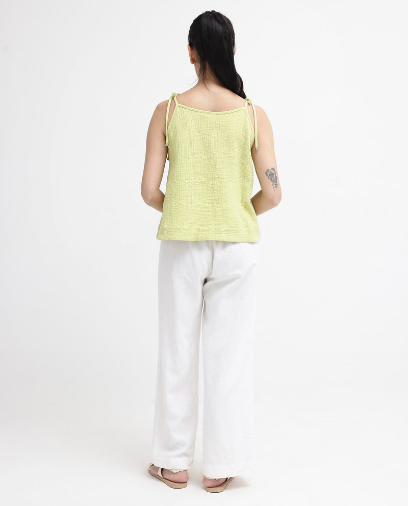 Rareism Women'S Jordyn-T Flouroscent Green Cotton Fabric Sleeveless Shoulder Straps Tie Up Closure Plain Top