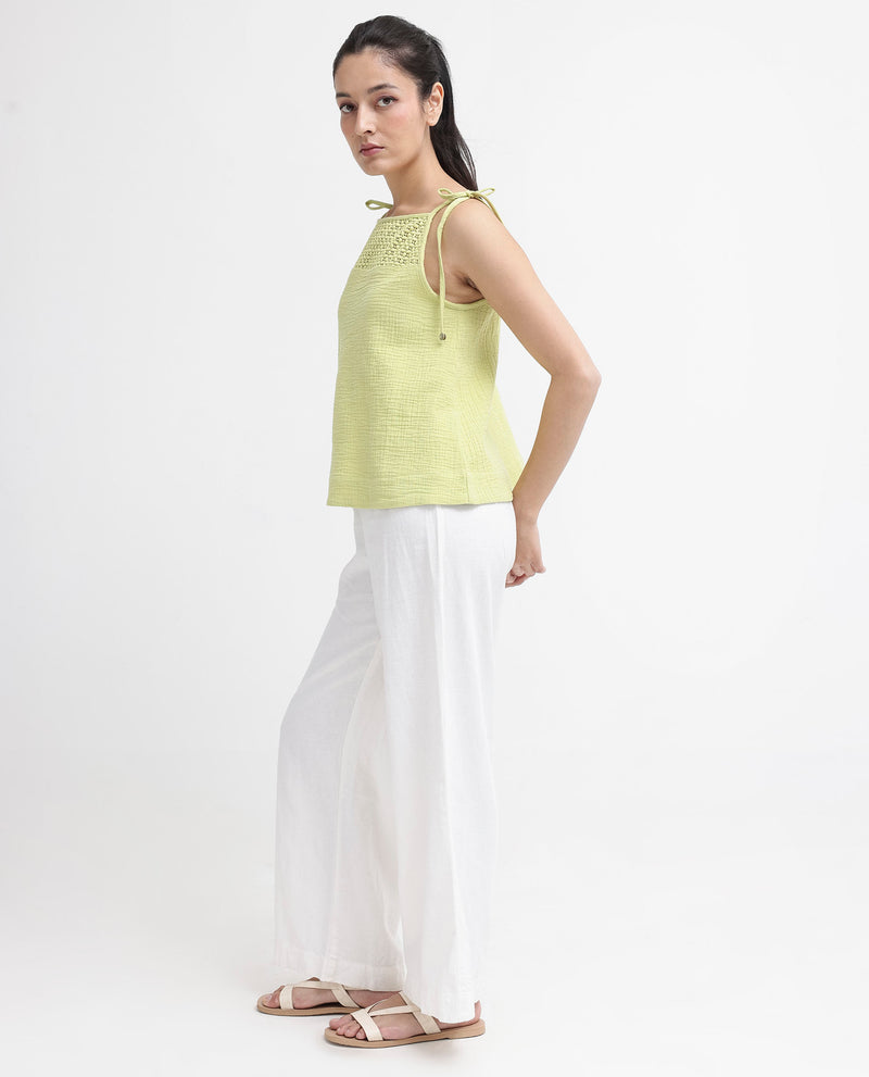 Rareism Women'S Jordyn-T Flouroscent Green Cotton Fabric Sleeveless Shoulder Straps Tie Up Closure Plain Top