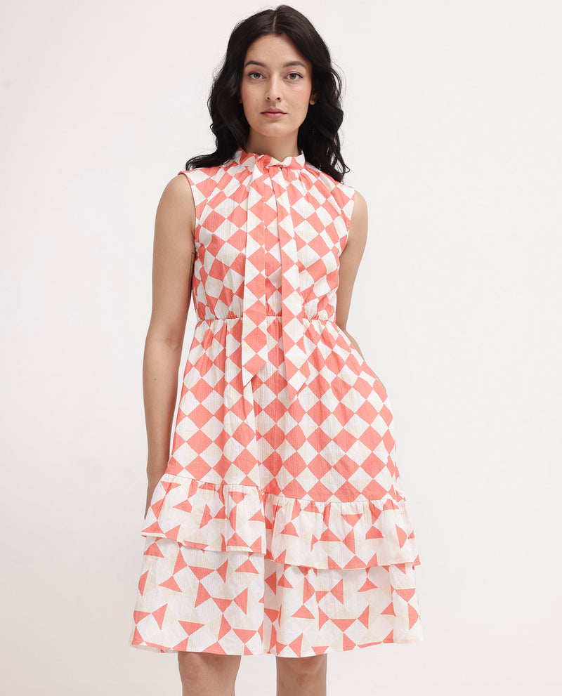 Rareism Women's Juite Multi Sleeveless Tie Up Neck Tie Up Fit And Flare Geometric Print Knee Length Dress
