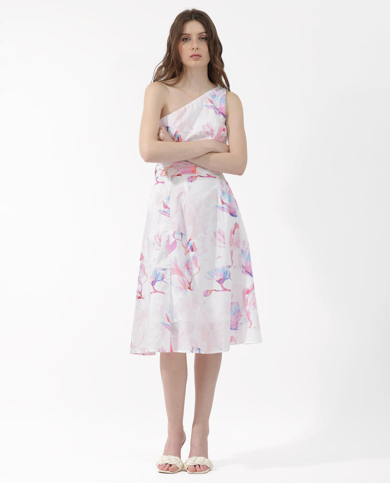 Rareism Women's Juliun Multi Cotton Fabric Sleeveless Zip Closure One Shoulder One Shoulder Fit And Flare Floral Print Midi Dress
