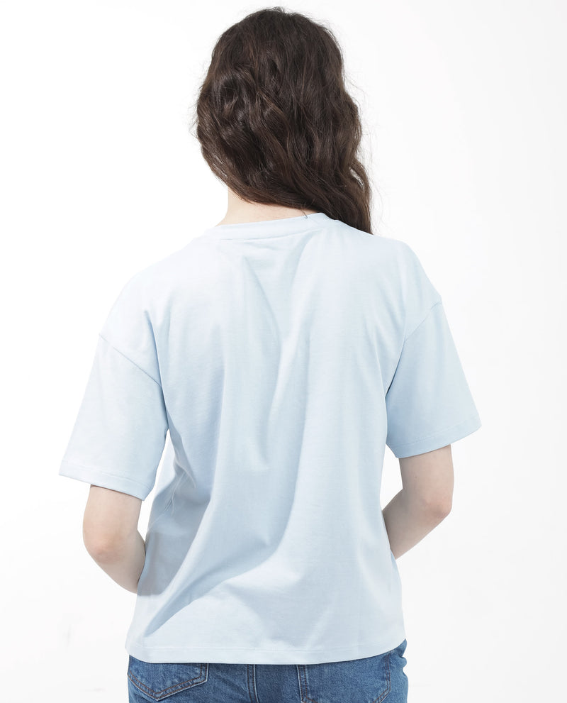 Rareism Women'S Karen Light Blue Cotton Poly Fabric Short Sleeve Crew Neck Solid T-Shirt