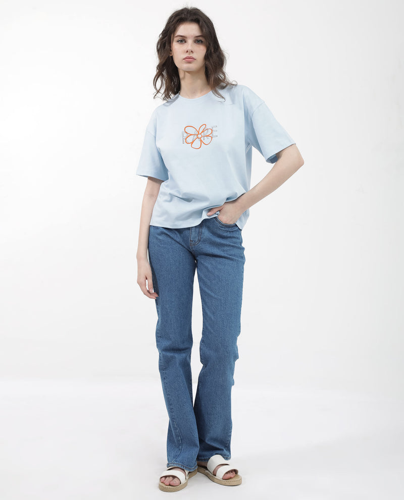 Rareism Women'S Karen Light Blue Cotton Poly Fabric Short Sleeve Crew Neck Solid T-Shirt