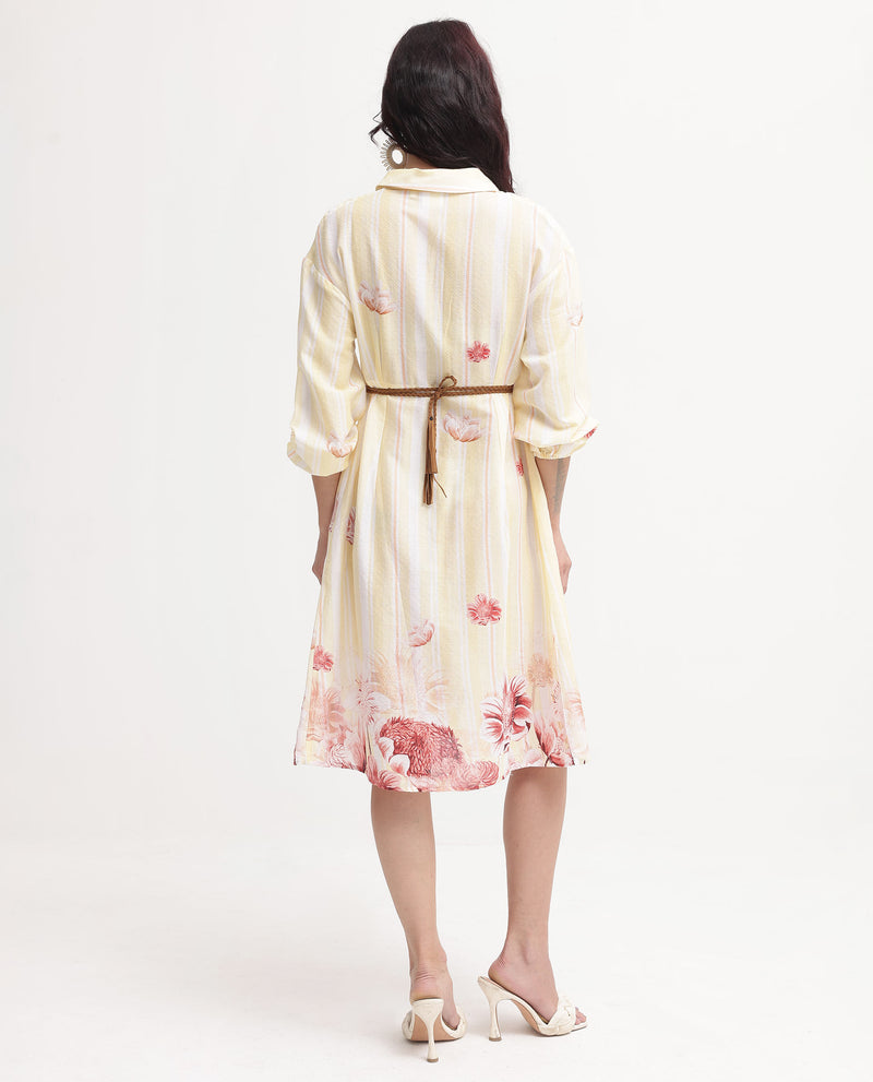 Rareism Women'S Katina Yellow Cotton Fabric Regular Sleeves Collared Neck Button Closure Floral Print Regular Fit Dress