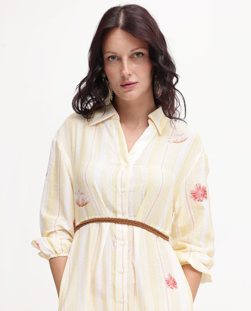 Rareism Women'S Katina Yellow Cotton Fabric Regular Sleeves Collared Neck Button Closure Floral Print Regular Fit Dress