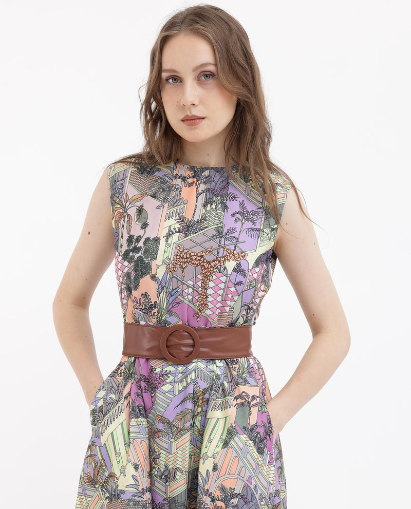 Rareism Women's Kaylee Multi Polyester Fabric Zip Closure Round Neck Sleeveless Fit And Flare Print Midi Dress