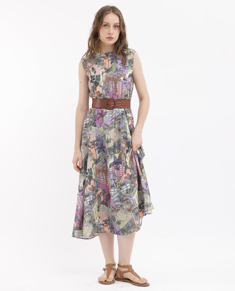 Rareism Women's Kaylee Multi Polyester Fabric Zip Closure Round Neck Sleeveless Fit And Flare Print Midi Dress