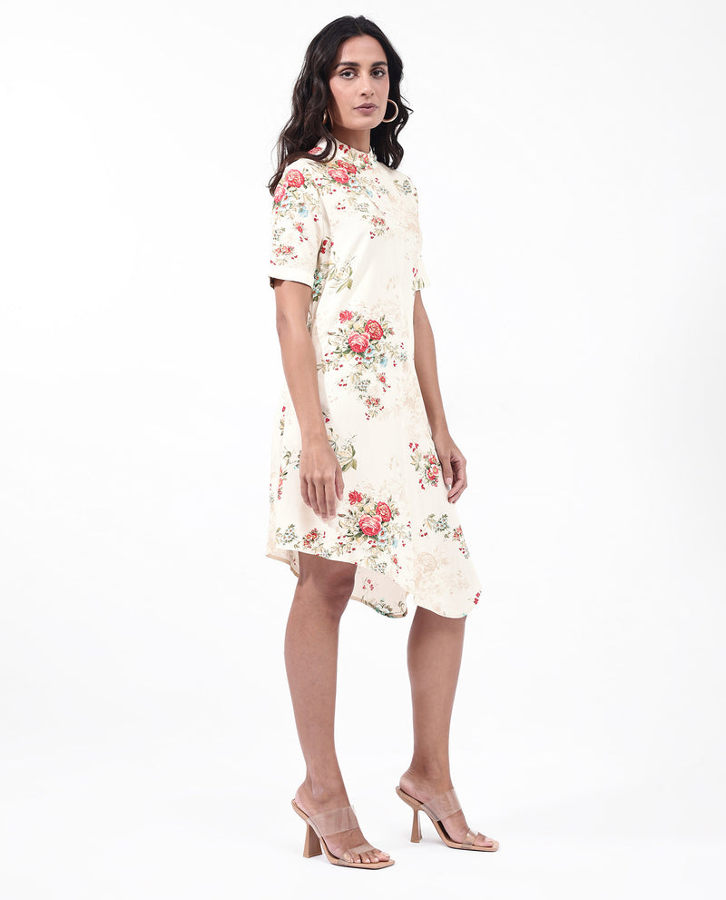 Rareism Women'S Kellogs Light Multi Button Closure Short Sleeve High Neck Floral Print Knee Length Dress