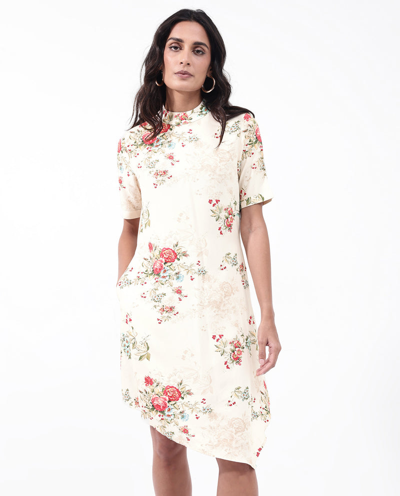 Rareism Women'S Kellogs Light Multi Button Closure Short Sleeve High Neck Floral Print Knee Length Dress