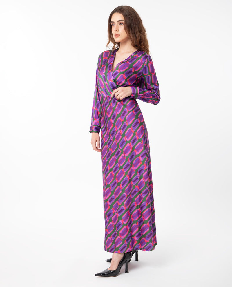 Rareism Women's Kenra Purple Polyester Fabric Full Sleeves Relaxed Fit Geometric Print Maxi A-Line Dress