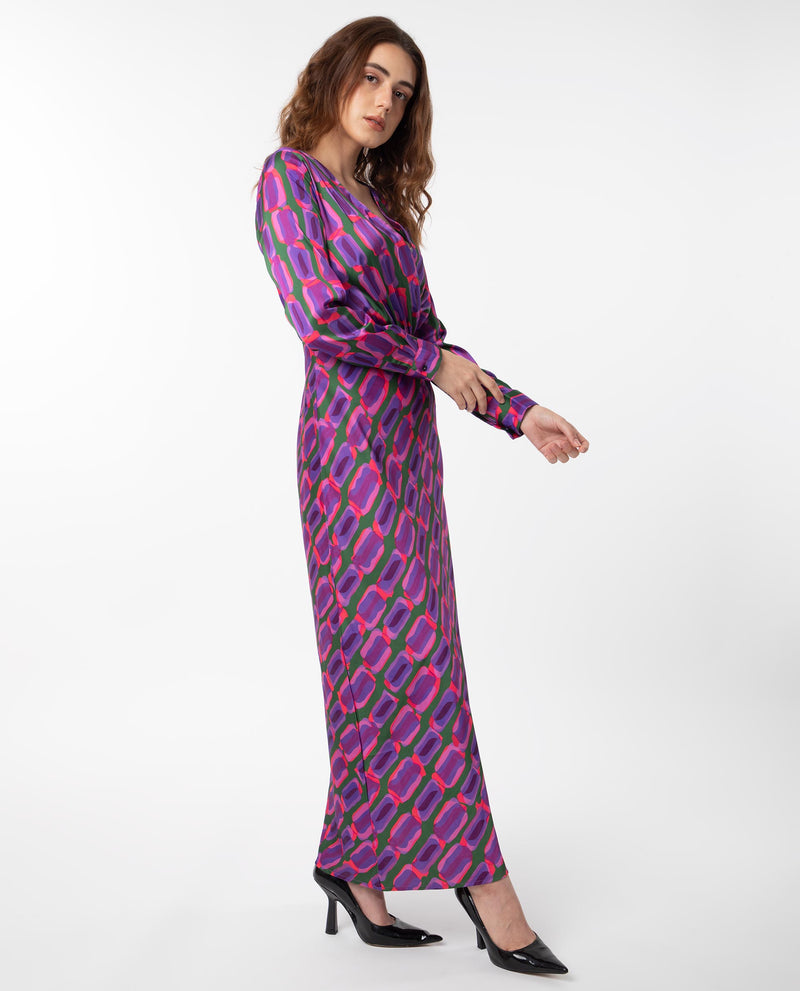 Rareism Women's Kenra Purple Polyester Fabric Full Sleeves Relaxed Fit Geometric Print Maxi A-Line Dress
