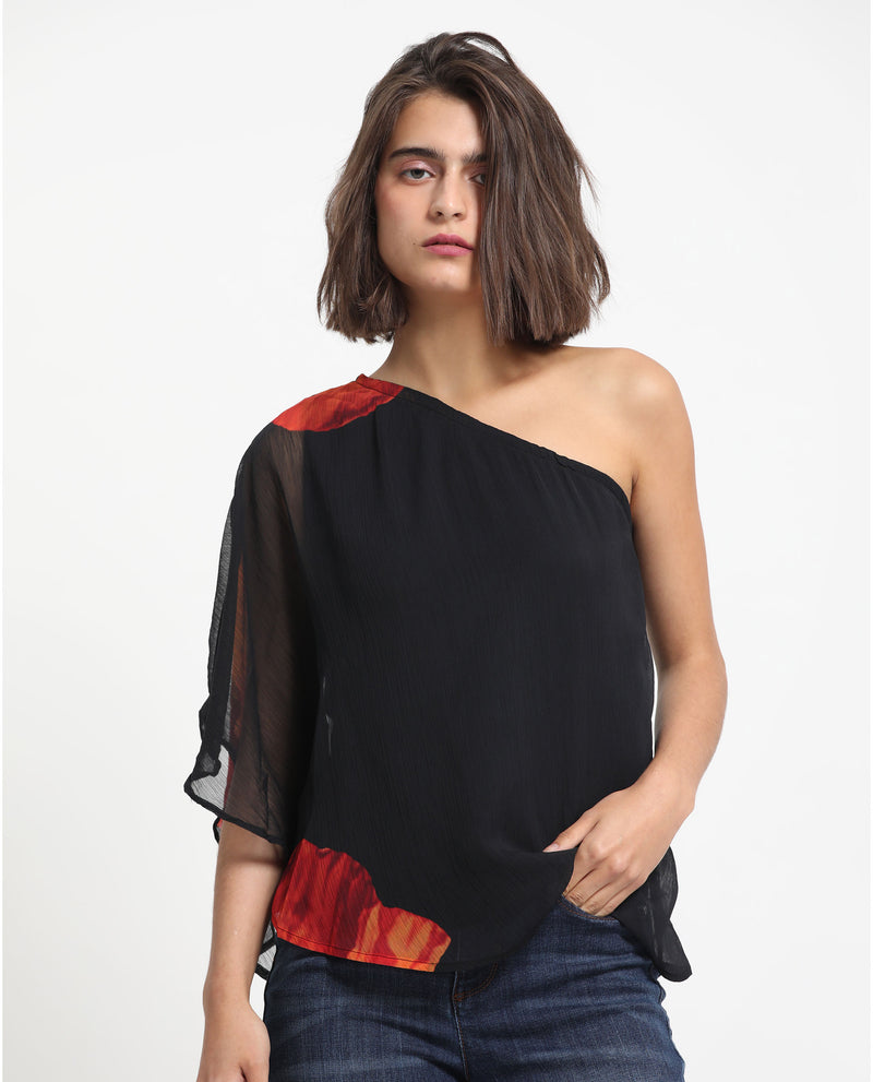 Rareism Women's Kente Black Polyester Fabric Off Shoulder Tube Neck Flared Sleeve Slim Fit Floral Print Top