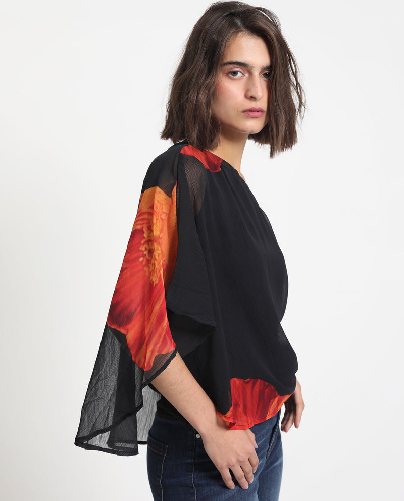 Rareism Women's Kente Black Polyester Fabric Off Shoulder Tube Neck Flared Sleeve Slim Fit Floral Print Top
