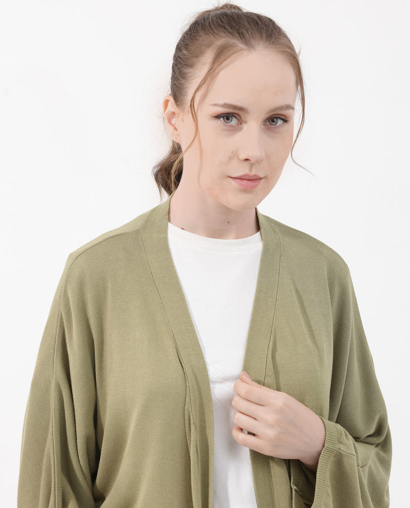 Rareism Women'S Keya Pastel Green Cotton Fabric Full Sleeves Extended Sleeve Relaxed Fit Plain Midi Shrug