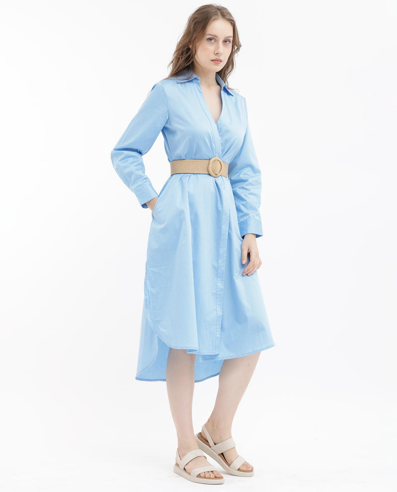 Rareism Women's Kiril Light Blue Cotton Fabric Full Sleeves Button Closure Johnny Collar Cuffed Sleeve Relaxed Fit Plain Midi Dress