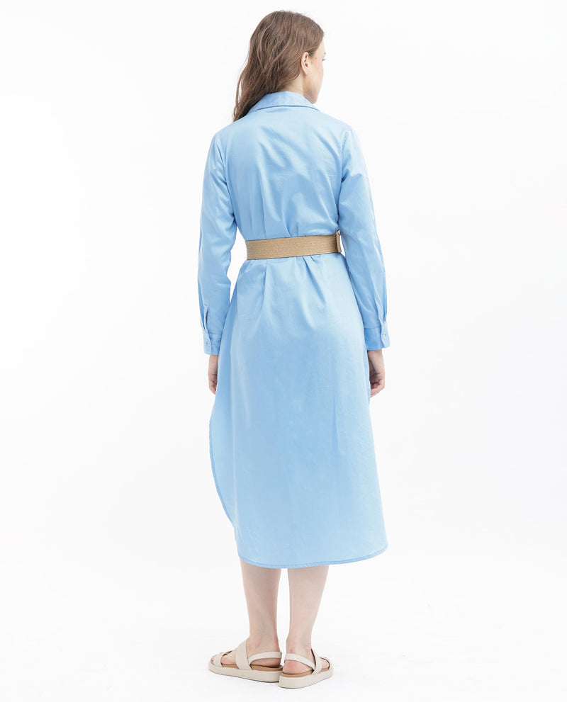 Rareism Women's Kiril Light Blue Cotton Fabric Full Sleeves Button Closure Johnny Collar Cuffed Sleeve Relaxed Fit Plain Midi Dress