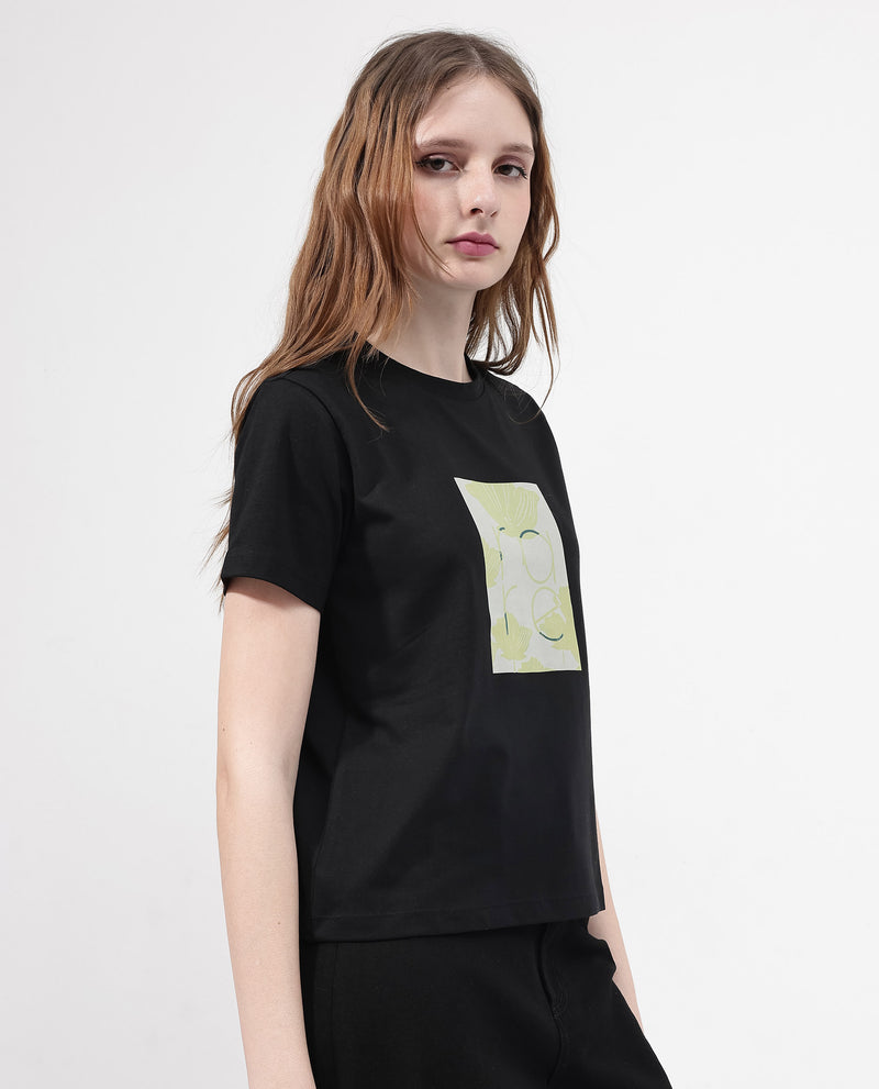 Rareism Women'S Kirk Black Cotton Poly Fabric Short Sleeve Crew Neck Solid T-Shirt