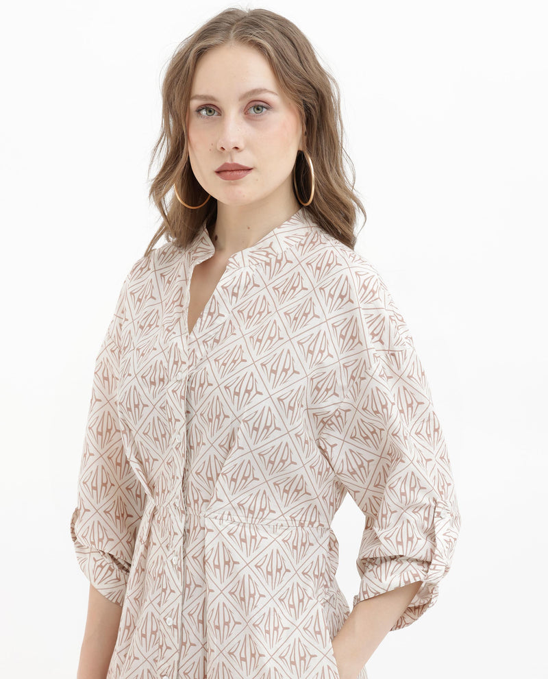 Rareism Women's Klee Beige Cotton Fabric 3/4Th Sleeves Button Closure Mandarin Collar Rolled Up Sleeves Regular Fit Monogram Midi Dress