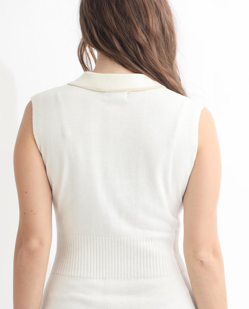 RAREISM WOMENS KNITSY OFF WHITE SWEATER SLEEVELESS COLLARED NECK SOLID