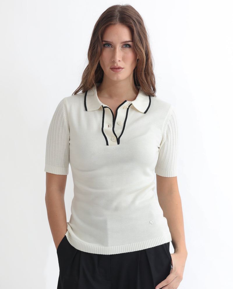 Rareism Women'S Knitup Off White  Half Sleeves Regular Fit Solid Shirt Collar Sweater