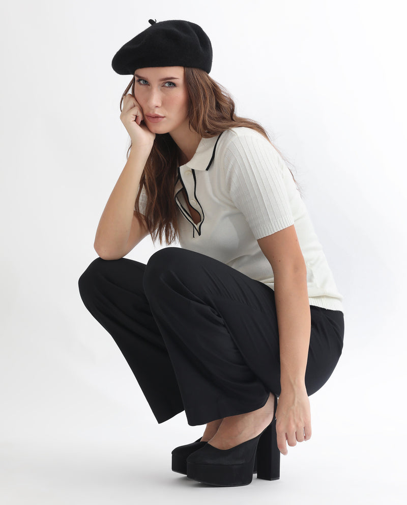 Rareism Women'S Knitup Off White  Half Sleeves Regular Fit Solid Shirt Collar Sweater