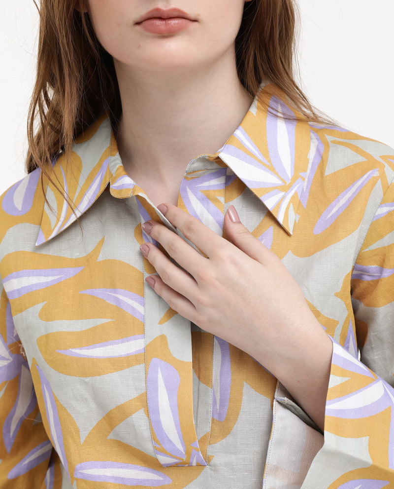 Rareism Women's Kofianie Brown Bell Sleeves Collared Collar Abstract Print Top