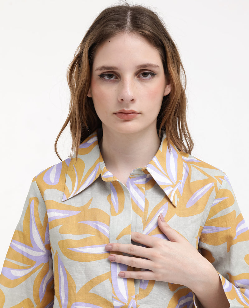 Rareism Women's Kofianie Brown Bell Sleeves Collared Collar Abstract Print Top