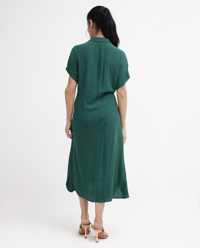 Rareism Women'S Korian Dark Green Viscose Button Closure Extended Sleeves Collared Neck Relaxed Fit Plain Midi Dress