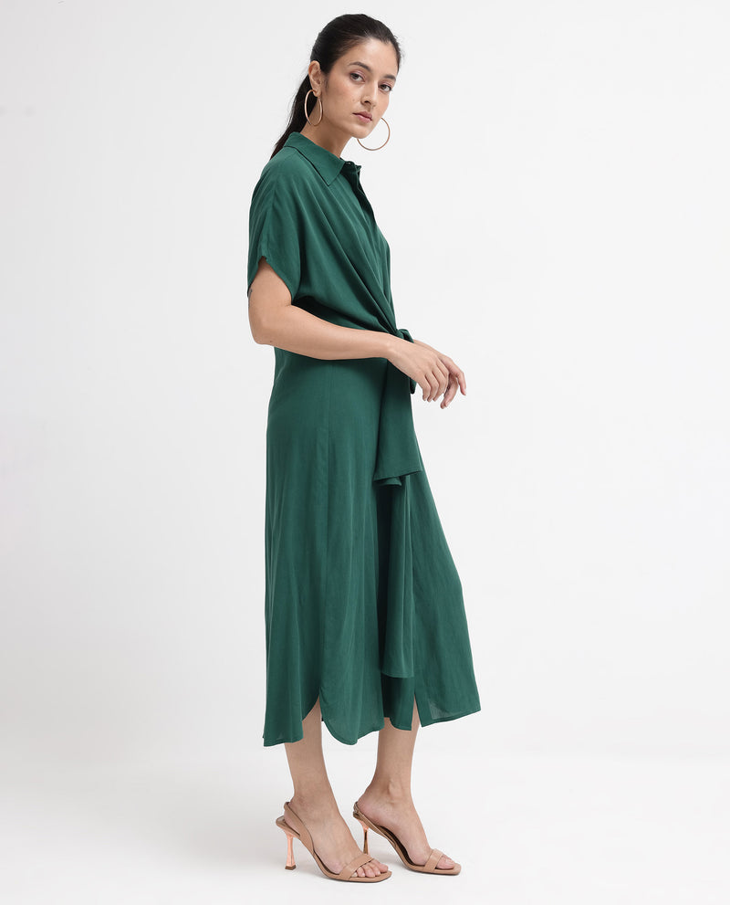 Rareism Women'S Korian Dark Green Viscose Button Closure Extended Sleeves Collared Neck Relaxed Fit Plain Midi Dress