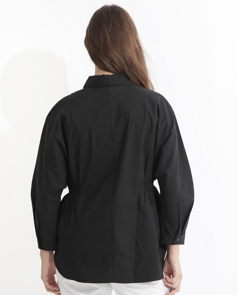 Rareism Women'S Kowski Black Cotton Blend Fabric Full Sleeves Button Closure Shirt Collar Kimono Sleeve Regular Fit Plain Blouse Top
