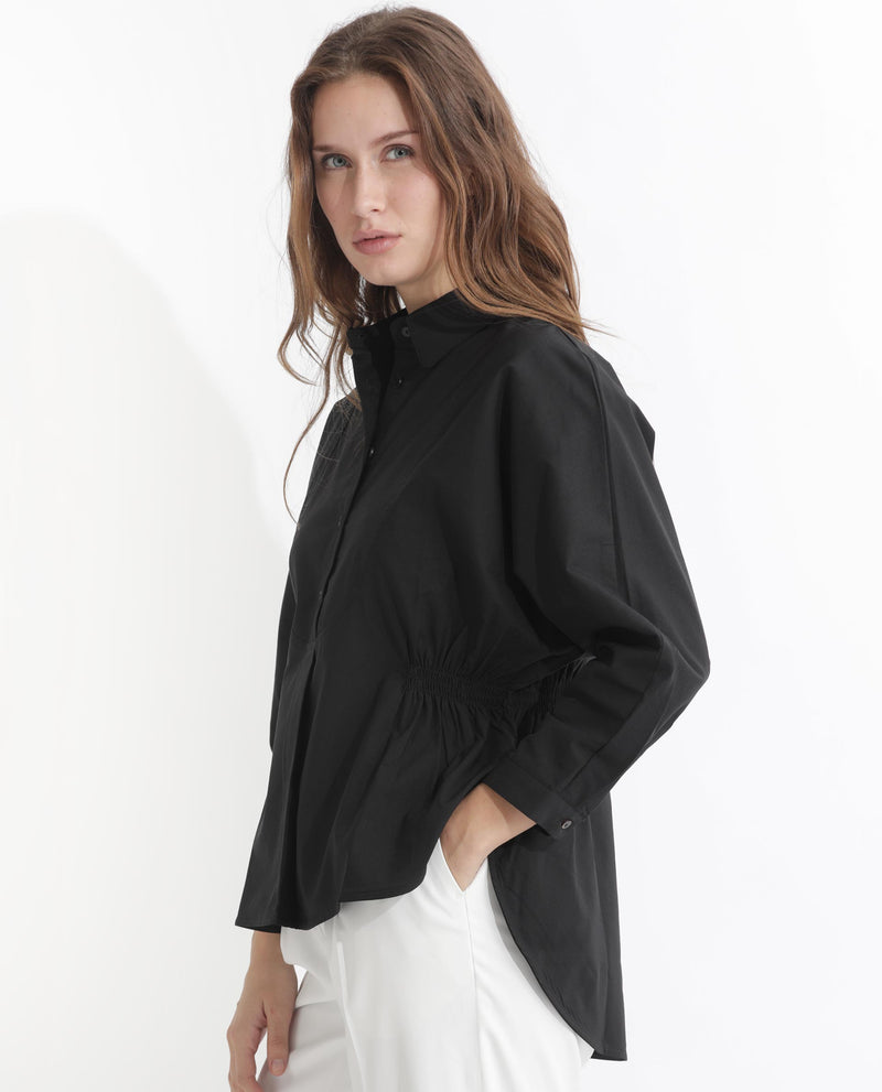 Rareism Women'S Kowski Black Cotton Blend Fabric Full Sleeves Button Closure Shirt Collar Kimono Sleeve Regular Fit Plain Blouse Top