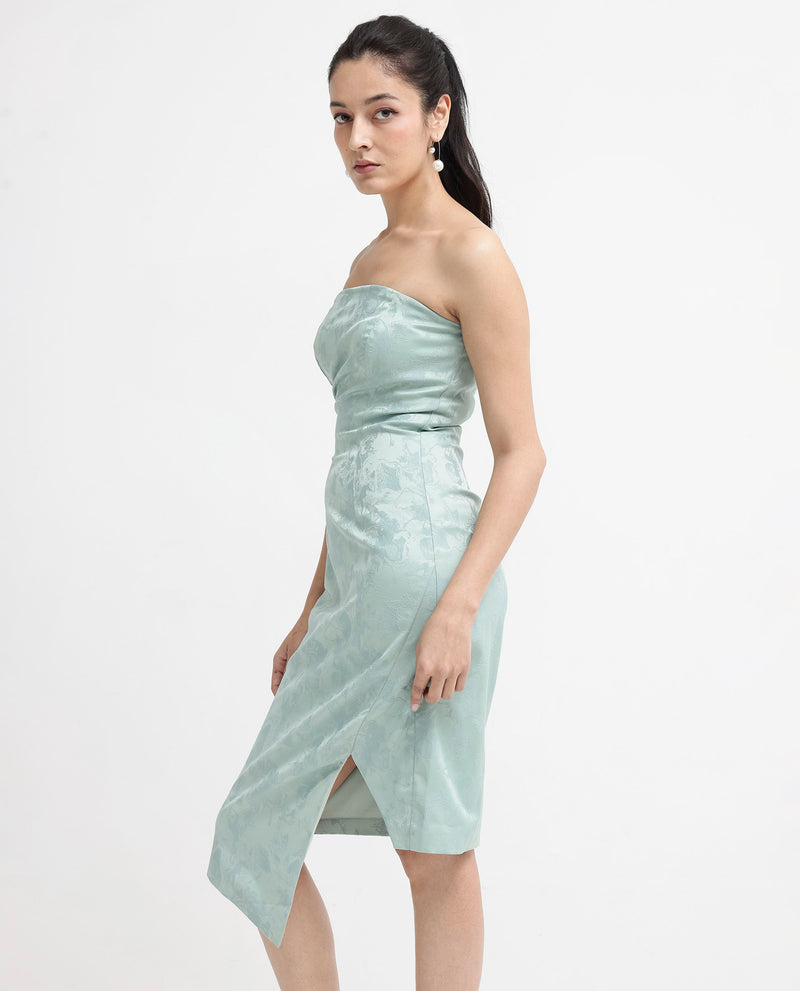 Rareism Women'S Krakow Light Blue Polyester Fabric Sleeveless Tube Neck Zipper Closure Textured Bodycon Knee Length Dress