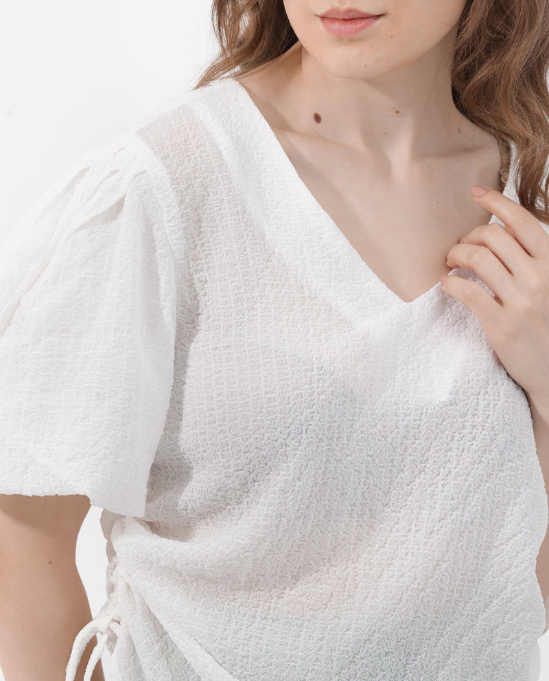 Rareism Women'S Krien White Polyester Fabric Short Sleeves V-Neck Balloon Sleeve Regular Fit Plain Top