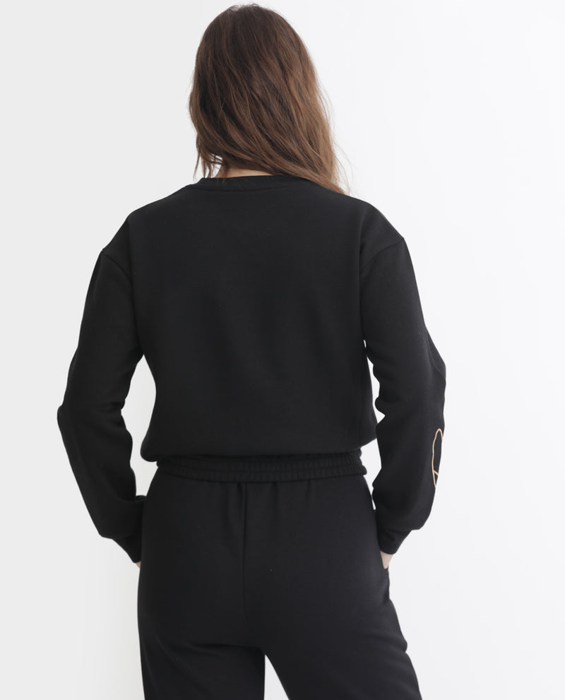 Rareism Women'S Krok Black Poly Cotton Fabric Regular Fit Full Sleeves Embroidered Round Neck Sweatshirt