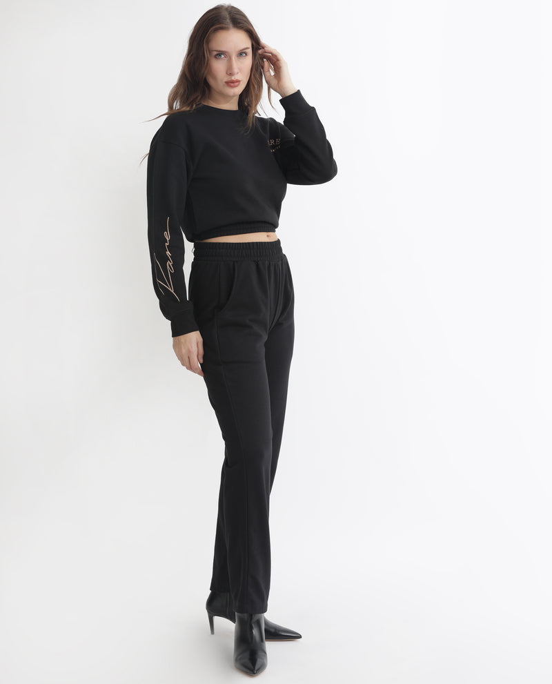 Rareism Women'S Krok Black Poly Cotton Fabric Regular Fit Full Sleeves Embroidered Round Neck Sweatshirt