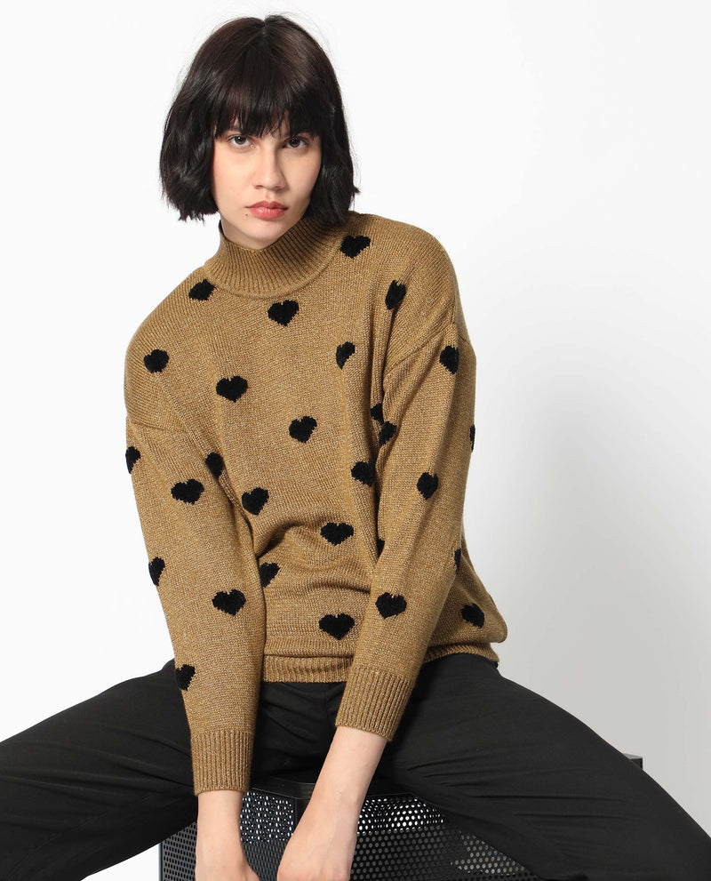Rareism Women'S Kuhret Gold Acrylic Fabric Full Sleeves High Neck Regular Fit Geometric Print Sweater
