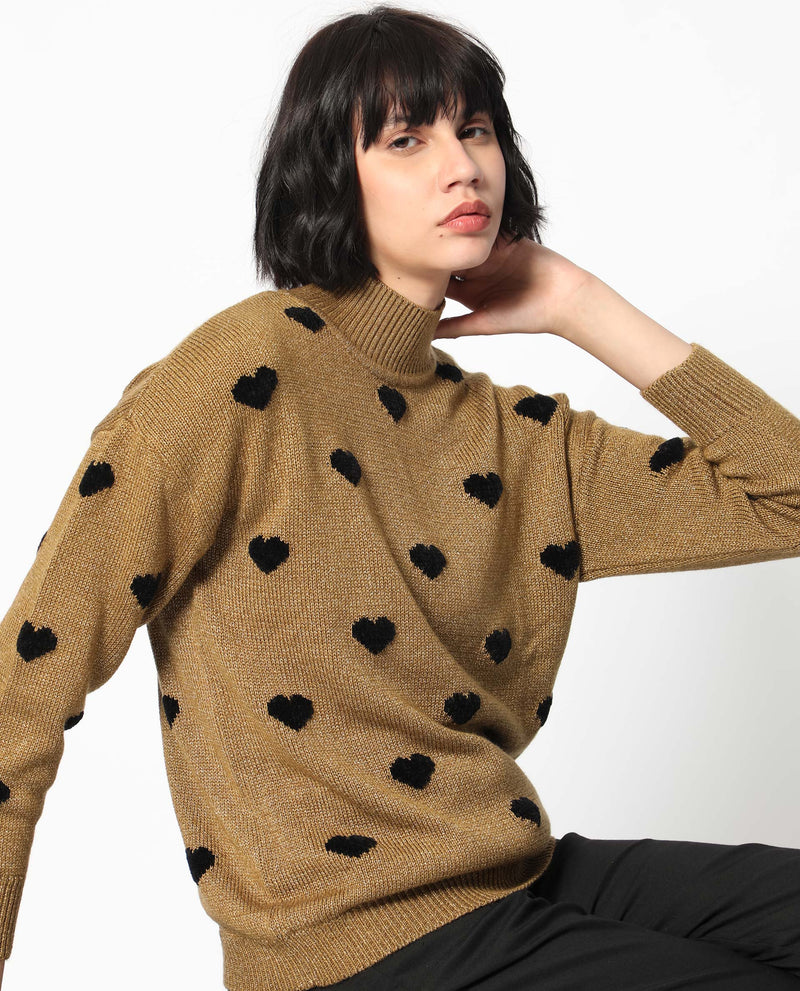 Rareism Women'S Kuhret Gold Acrylic Fabric Full Sleeves High Neck Regular Fit Geometric Print Sweater