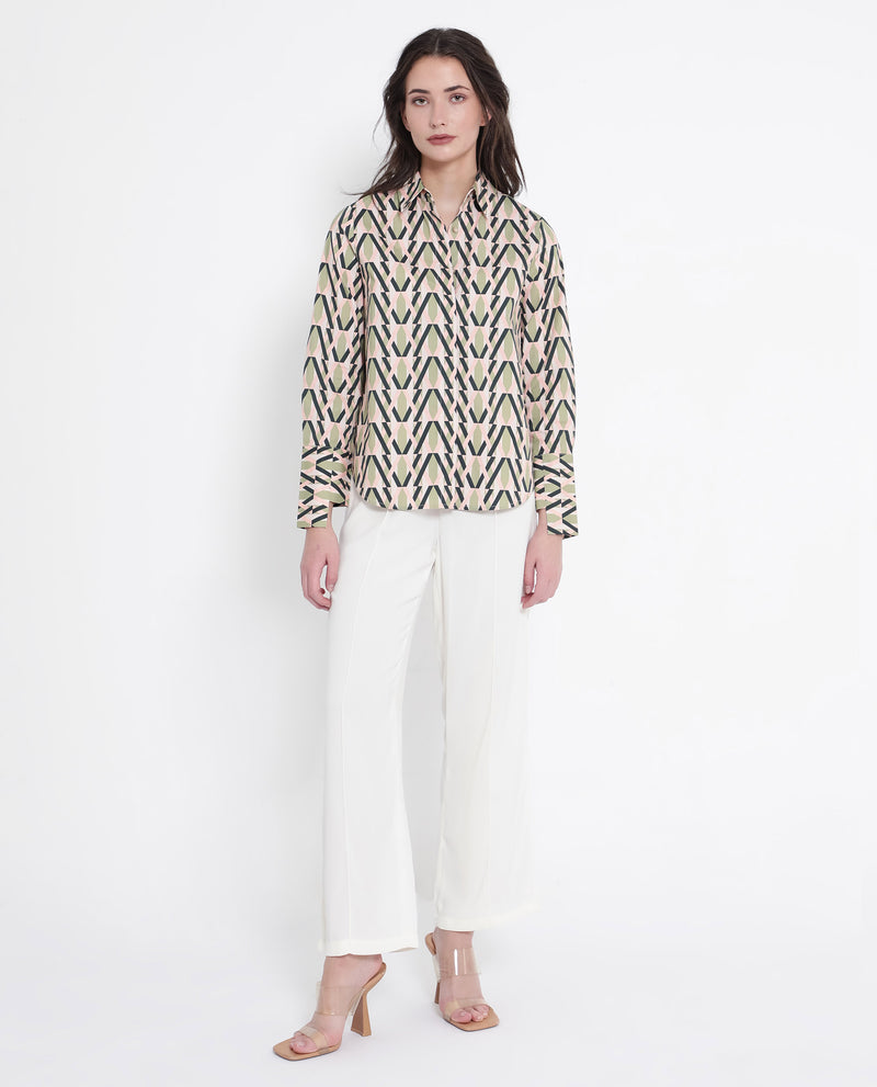 Rareism Women's Kuvin Multi Cuffed Sleeve Collared Collar Button Geometric Print Shirt