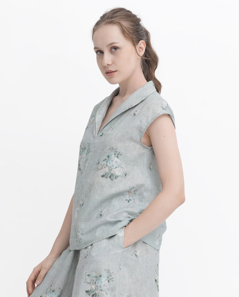 Rareism Women'S Kyul-T Dusky Green Cotton Linen Fabric Short Sleeves Collared Neck Extended Sleeve Regular Fit Floral Print Top