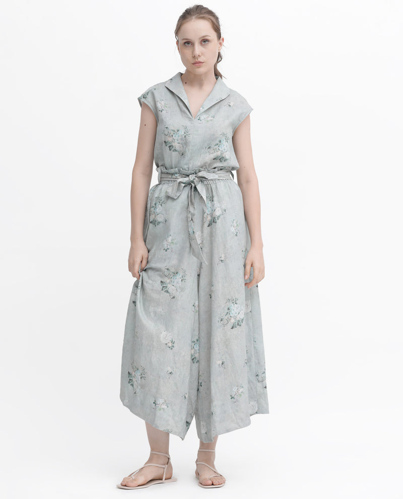 Rareism Women'S Kyul-T Dusky Green Cotton Linen Fabric Short Sleeves Collared Neck Extended Sleeve Regular Fit Floral Print Top