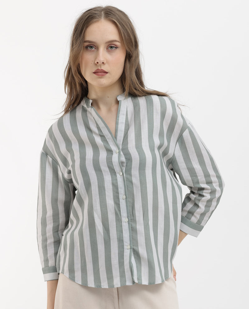 Rareism Women's Kyuzo Off White Linen Fabric 3/4Th Sleeves Button Closure Shirt Collar Relaxed Fit Striped Dress