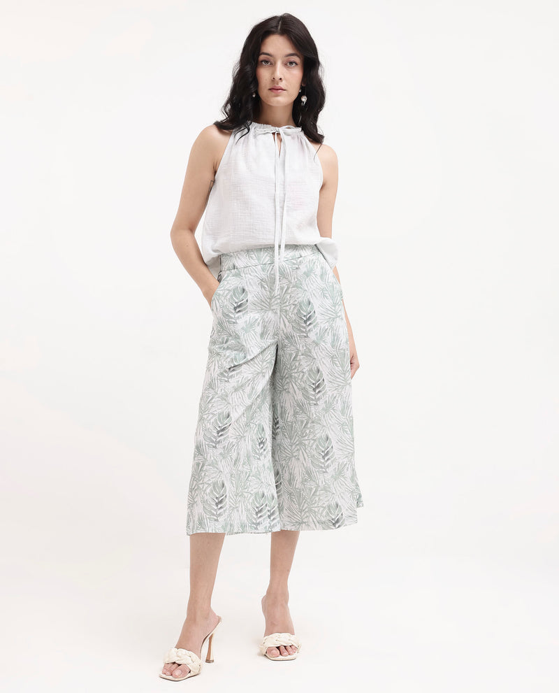 Rareism Women'S Lakar Off White Zipper Closure Flared Tropical Print Midi Trouser
