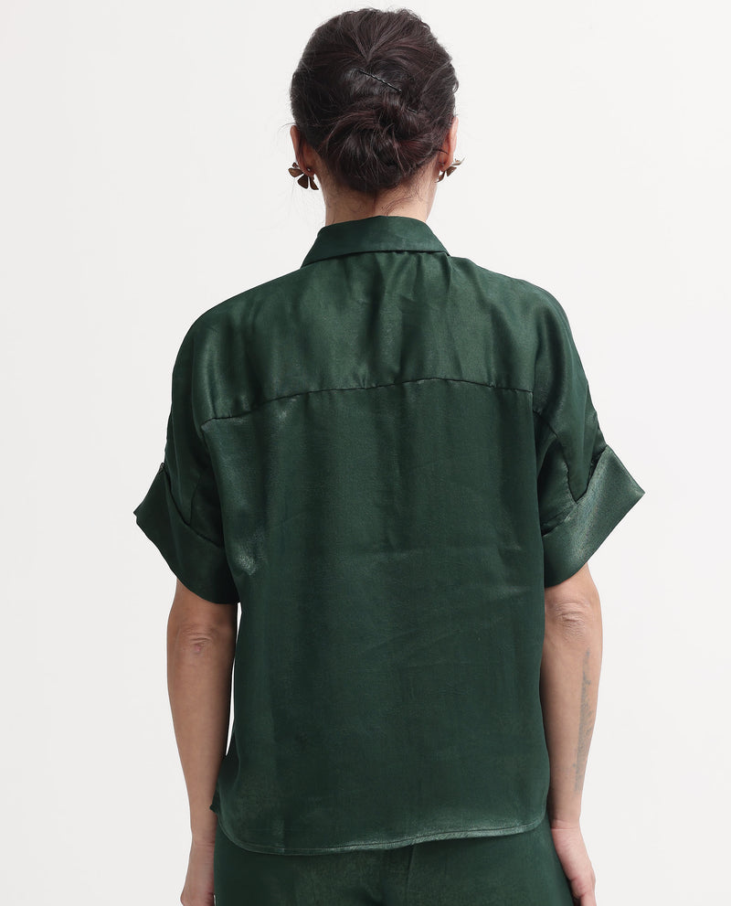 Rareism Women'S Lamona-T Dark Green Extended Sleeves Collared Neck Boxy Fit Plain Top