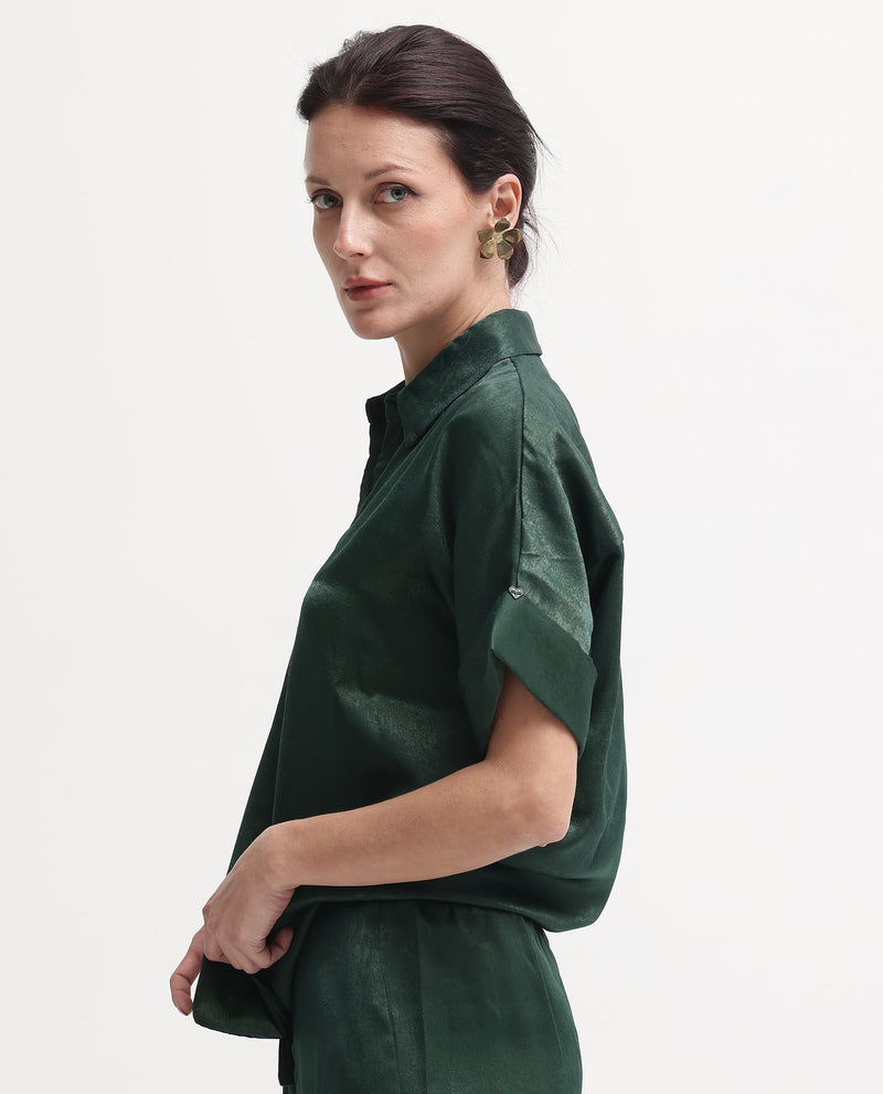 Rareism Women'S Lamona-T Dark Green Extended Sleeves Collared Neck Boxy Fit Plain Top