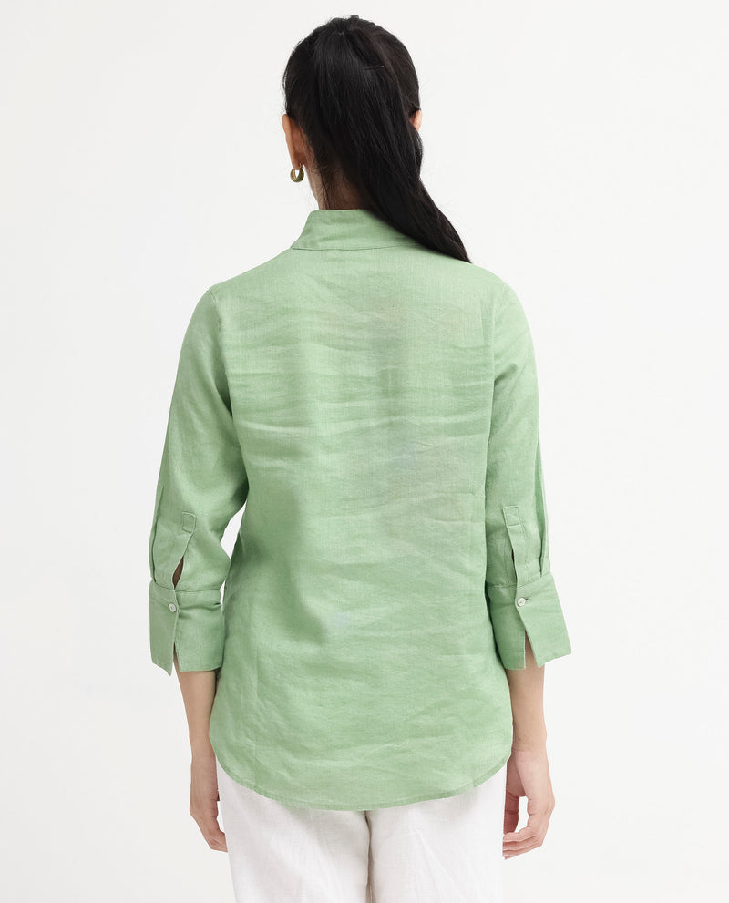 Rareism Women'S Laos Pastel Green Cotton Linen Fabric Regular Sleeves V-Neck Solid Regular Length Top