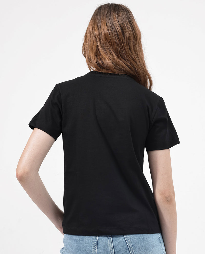 Rareism Women'S Lee Black Cotton Poly Fabric Short Sleeve Crew Neck Solid T-Shirt