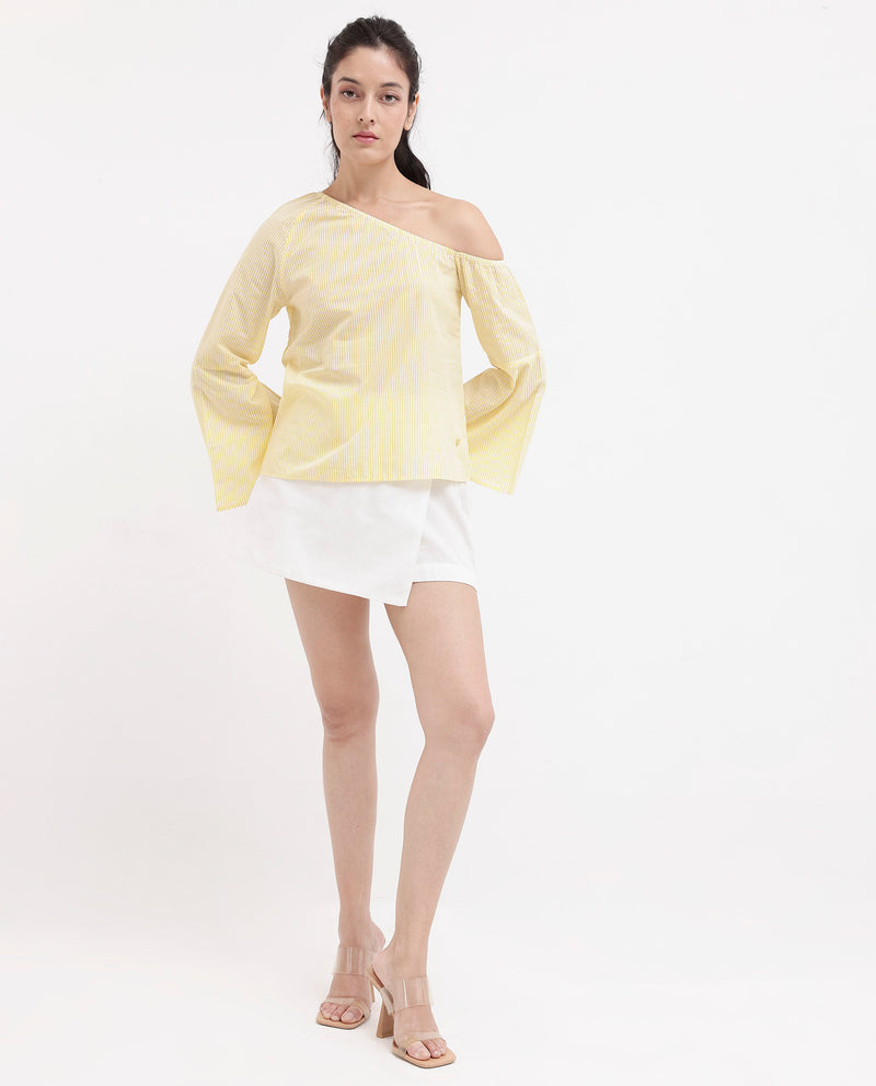 Rareism Women'S Leighton Pastel Yellow Cotton Fabric Full Sleeve One Shoulder   Stripe Top