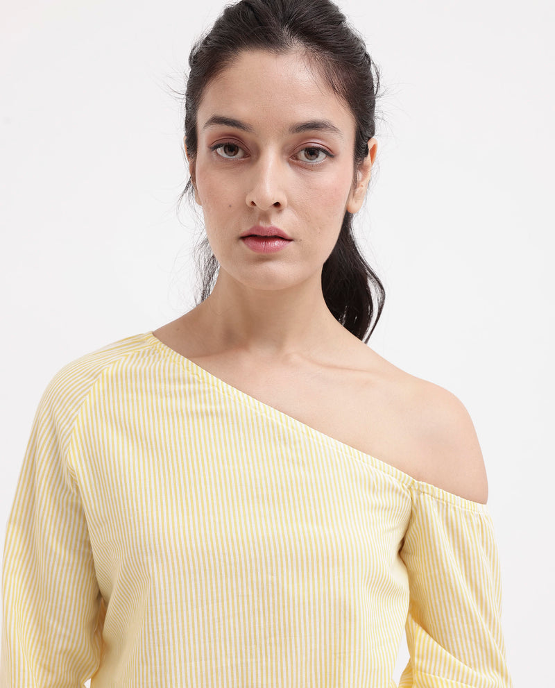 Rareism Women'S Leighton Pastel Yellow Cotton Fabric Full Sleeve One Shoulder   Stripe Top