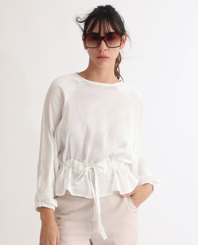 Rareism Women's Lenze White Polyester Fabric Full Sleeves Boat Neck Volume Sleeve Oversized Plain Top